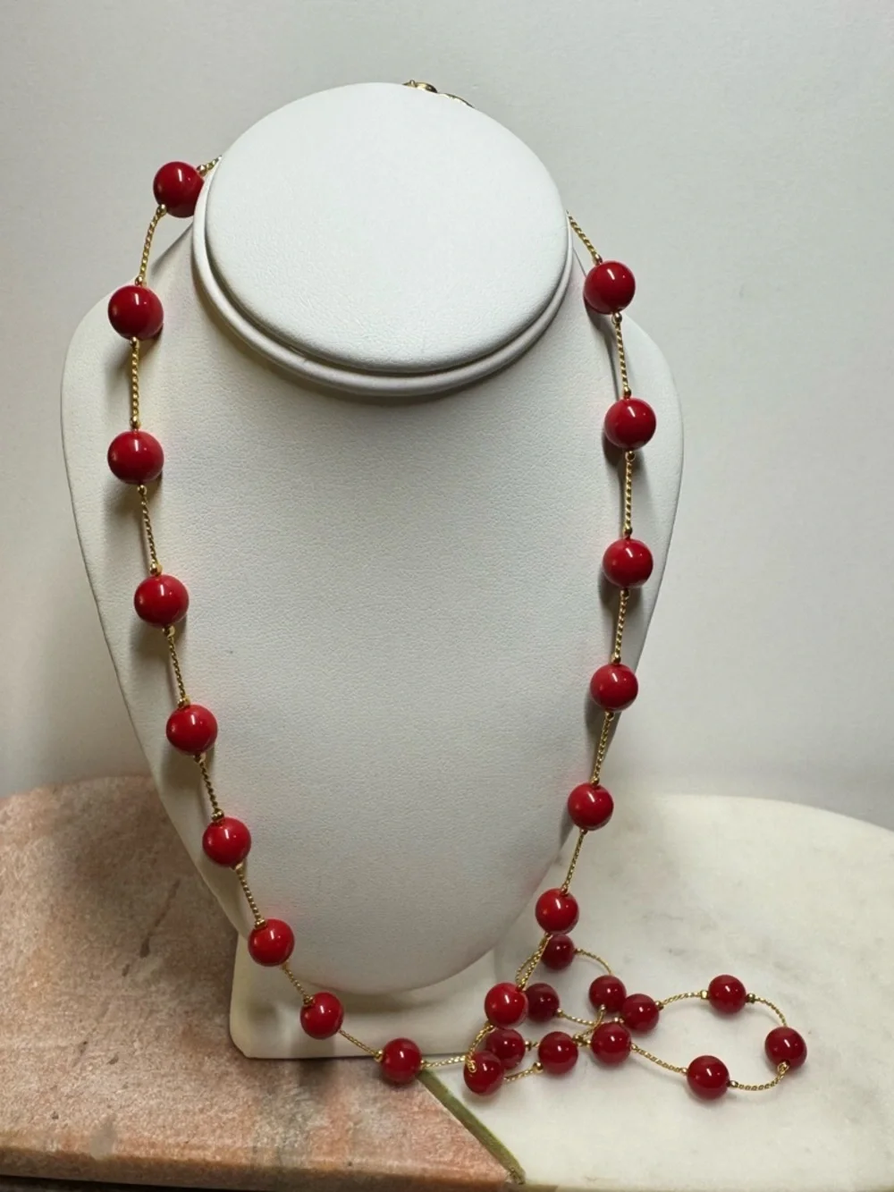 Red Bead Necklace Gold Tone Chain Long Necklace